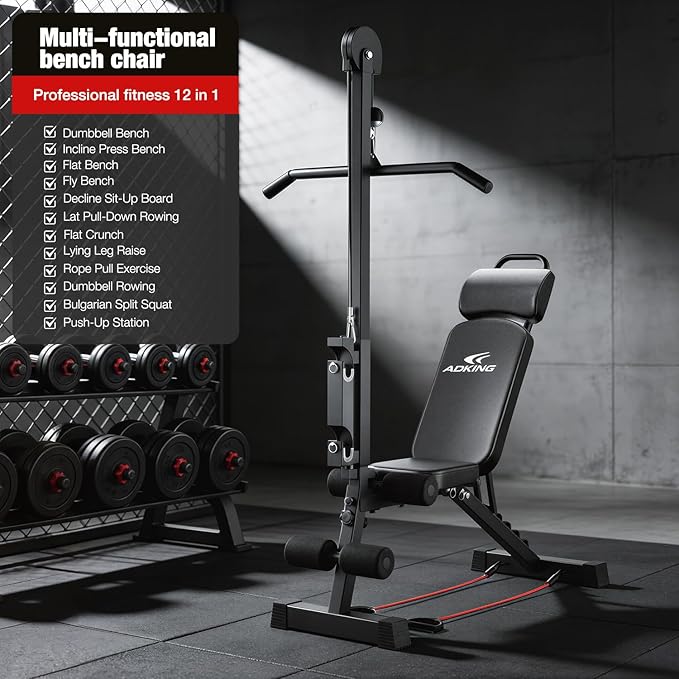 12-in-1 Home Gym LAT Pull Down & High Pulley System - Full Body Training Machine for Back, Chest, Arms & Tricep Workouts (Included Free Training Poster)