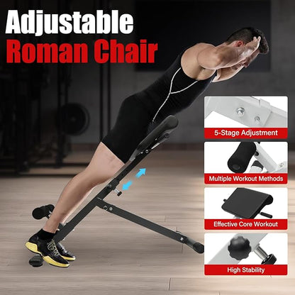 Roman Chair Back Extension Machine Foldable 5 Position Adjustable Sit up Exercise Multi-Functional Hyperextension Bench Workout Equipment Ab Machine Angle Height Adjust 330LBS Heavy-Duty for Home Gym