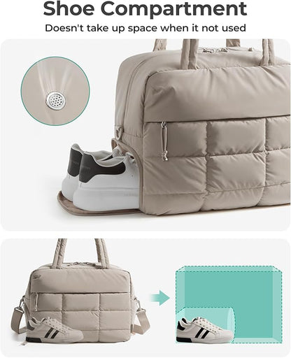 BAGSMART Gym Bag for Women, Carry on Travel Duffel Bag, Water-resistant Weekender with Shoe Compartment for Gym Travel Work, Khaki, Large
