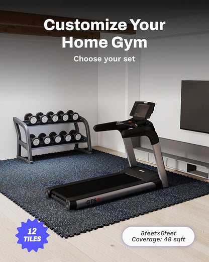 AIRHOP 0.56in Thick 48 Sq Ft Exercise Equipment Mats, 12 Tiles Upgraded Rubber Top with High Density EVA Foam, Large Interlocking Puzzle Gym Flooring for Home Gym, Heavy Weight Workout,Black & Blue