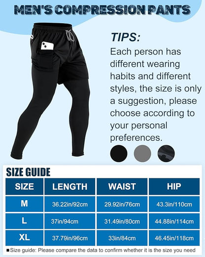 3 Pcs Men's 2 in 1 Athletic Running Pants Quick Dry Gym Workout Compression Pants with Pockets Towel Loop