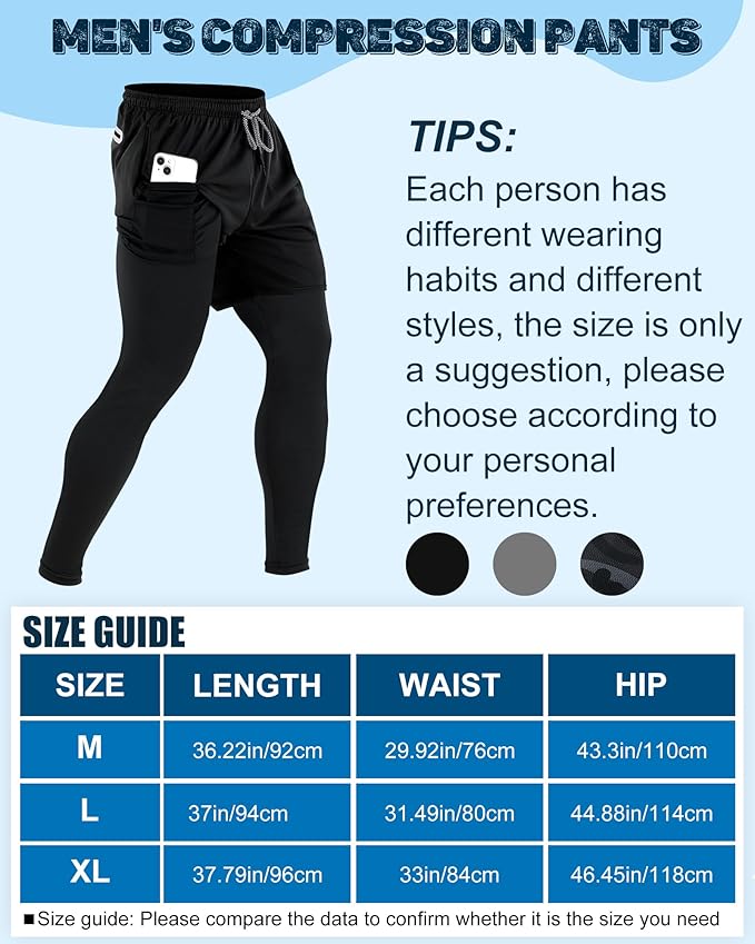 3 Pcs Men's 2 in 1 Athletic Running Pants Quick Dry Gym Workout Compression Pants with Pockets Towel Loop