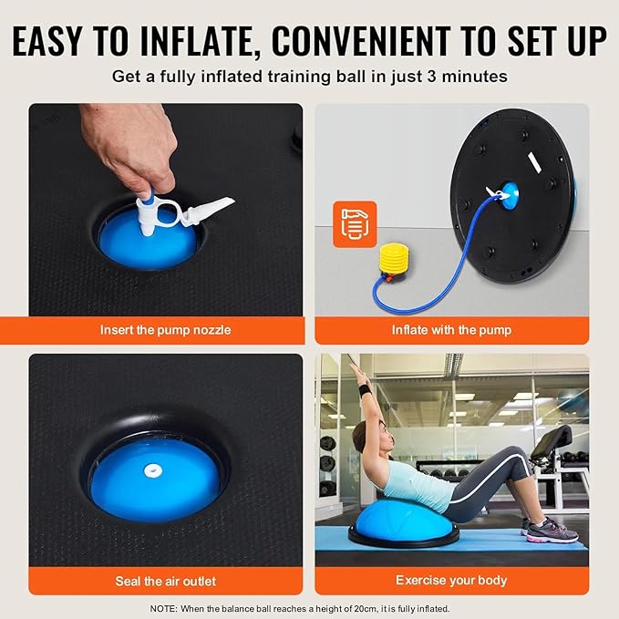 Half Exercise Ball Trainer 23 inch Balance Ball Trainer 1500lbs Capacity Stability Ball with Resistance Bands & Foot Pump, Strength Fitness Ball for Home Gym Full Body Workout