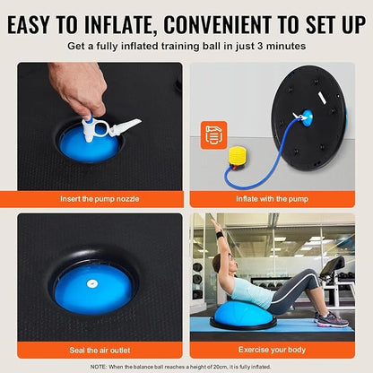 Half Exercise Ball Trainer 23 inch Balance Ball Trainer 1500lbs Capacity Stability Ball with Resistance Bands & Foot Pump, Strength Fitness Ball for Home Gym Full Body Workout