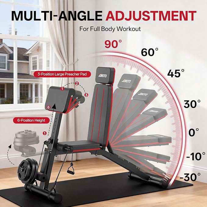 JOROTO Adjustable Weight Bench for Home Gym, 1000 LBS Capacity, Foldable Incline Decline Flat Workout Bench with Leg Extension & Back Extension, Exercise Preacher Curl Bench for Full Body Training