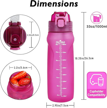 32oz Sports Water Bottle with Detachable Straw (Sip & Chug), Motivational Water Bottle with Capacity Marker, Leakproof Drinking Water Bottle with Strap for Travel Fitness Gym Outdoor (Pink)