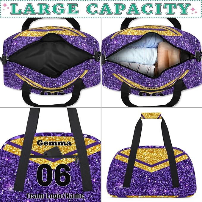 Personalized Cheerleaders' Bag with Team Number - Customized Travel Duffle Bag for Girls, Kids - Gold Purple Sequins Glitter