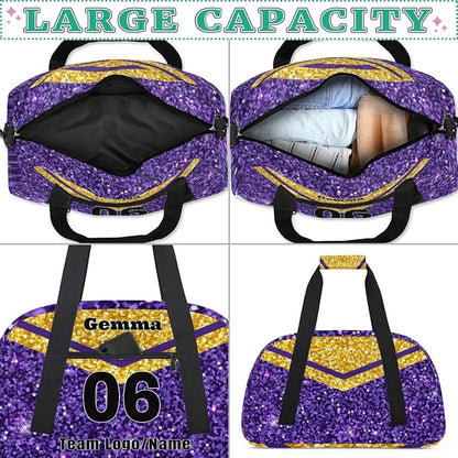 Personalized Cheerleaders' Bag with Team Number - Customized Travel Duffle Bag for Girls, Kids - Gold Purple Sequins Glitter