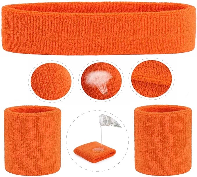 ONUPGO Sweatband Set Sports Headband Wristband Set Sweatbands Terry Cloth Wristband Wrist Sweatband Headbands Moisture Wicking Sweat Absorbing Head Band