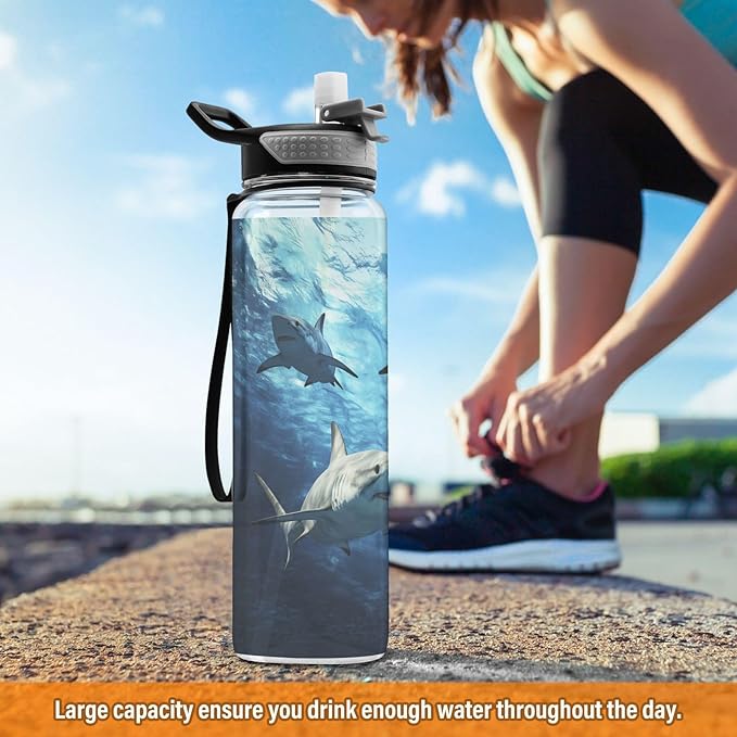 Fustylead Underwater Sharks Circling 32oz Water Bottle with Straw, Leakproof Clear Sport Water Bottles for Gym Camping Hiking Travel