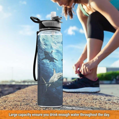 Fustylead Underwater Sharks Circling 32oz Water Bottle with Straw, Leakproof Clear Sport Water Bottles for Gym Camping Hiking Travel