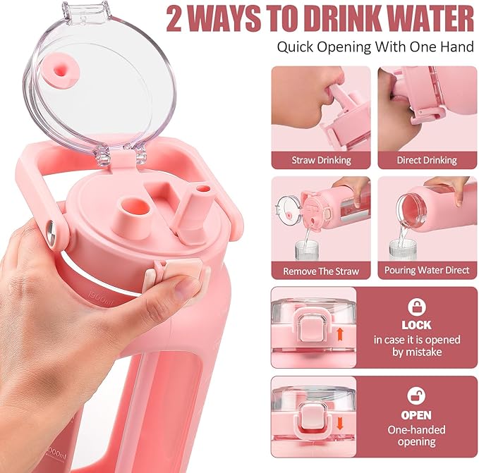 BLUEGO 64oz Glass Water Bottle with Handle and Straw, Motivational Sports Water Bottle with Time Marker and Silicone Sleeve Leakproof Drinking Bottle for Travel Gym Workout, Pink