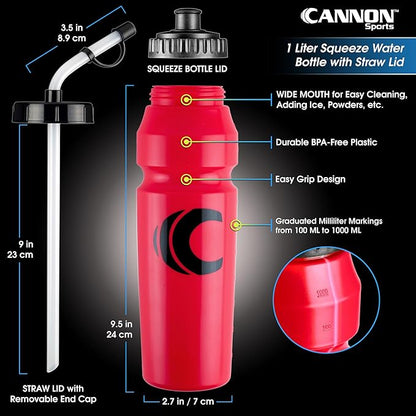 Cannon Sports 1 Liter Sports Water Bottle, BPA-Free, 34 Oz Capacity, Large Mouth, 2 lids (Straw and Squeeze), Great For Helmet Sports Such As Hockey, Lacrosse, Football, Boxing (6 Pack) (Red)