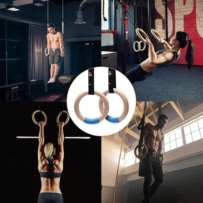 PACEARTH Gymnastics Rings Wooden Olympic Rings 1500/1000lbs with Adjustable Cam Buckle 14.76ft/9ft Long Straps with Scale Non-Slip Gym Rings for Home Gym Full Body Workout