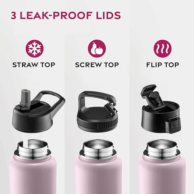 FineDine Water Bottle - Stainless Steel Insulated Water Bottle with Straw Lid, Flip Lid & Wide-Mouth Cap - Keeps Hot and Cold - 40 Oz / 1.18L - Dreamy Pink-Green