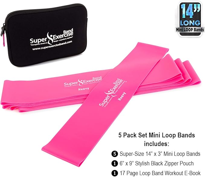 USA 14" x 3" Extra Long Latex Free Mini Loop Bands in 3, 5, 10 Pack Sets. 10 Strengths for Resistance Training, Stretching, Yoga, Toning. Plus an Exclusive iPhone App and E-Book.
