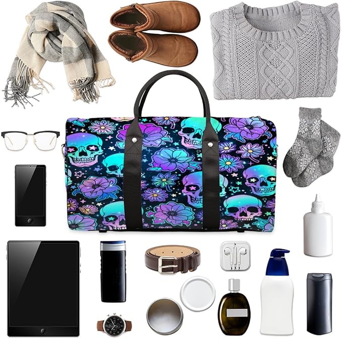Travel Duffel Bag Skeleton Universe Flower Sport Tote Gym Bag Waterproof Foldable Carryon Weekend Overnight Training Handbag Sports Duffle Bags for Women Men Boys Girls