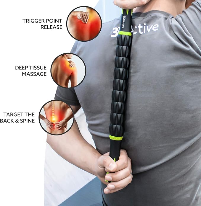 3DActive Massage Roller Stick for Muscle Recovery, Deep Tissue & Trigger Point Massage Muscleroller for Athletes for Post-Workout Recovery, Relieve Cramps & Release Muscle Tension - Green