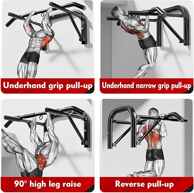 Pull up bar wall mounted Heavy Duty Steel Chin Up Bar for Home Gym Doorway Wall Installation Multi-Function Upper Body Workout Bar for Pull-Ups Chins Ups Push-Ups Strength Training Fitness Equipment for Men Women
