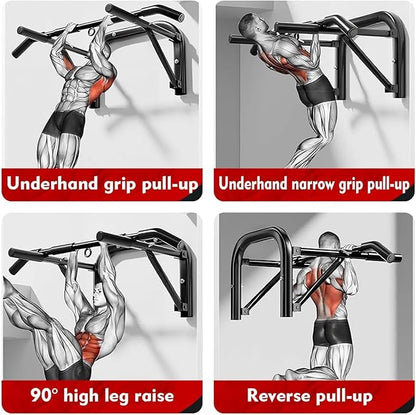 Pull up bar wall mounted Heavy Duty Steel Chin Up Bar for Home Gym Doorway Wall Installation Multi-Function Upper Body Workout Bar for Pull-Ups Chins Ups Push-Ups Strength Training Fitness Equipment for Men Women
