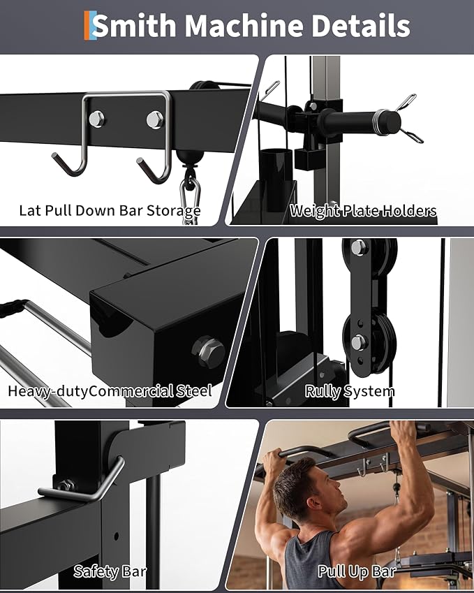 Smith Machine with Bench, Heavy Duty Power Cage Squat Rack with Smith Bar, LAT Pulldown System, Chest Station & More Training Attachment, Home Gym Equipment for Strengthen Training