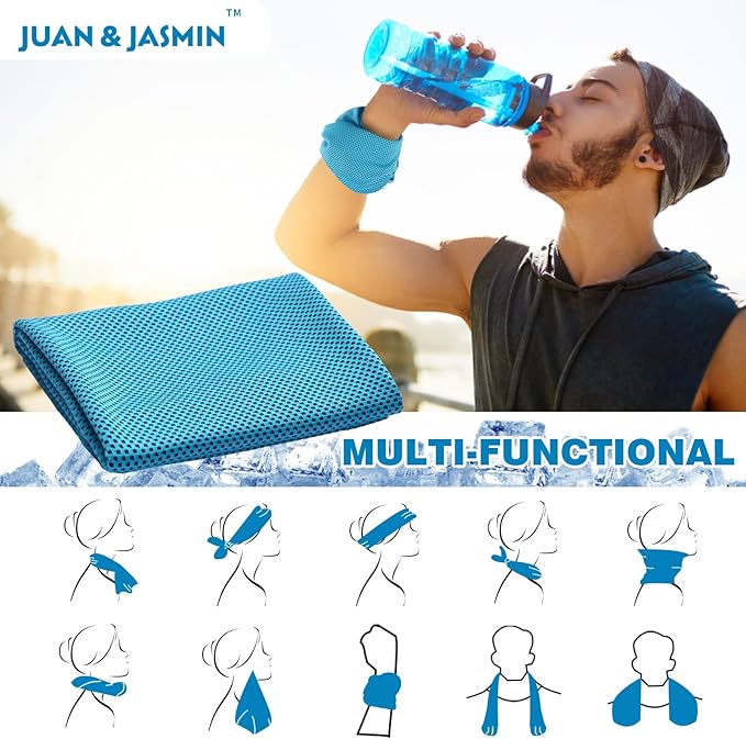 JUAN & JASMIN 2 Pack Cooling Towels (19.5"x15"), Soft Breathable Chilly Towels, Super Absorbent, Ice Wraps, Towels-Ideal for Hiking, Running, Workout, Gym, Dancing, Camping, Fitness (Blue)