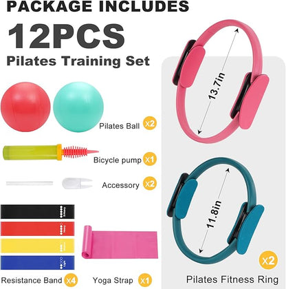 Pilates Ring Fitness Circles Set, Dual Padded Handles Home Pilates Equipment Set for Women Includes 2 Pilates Ring, 2 Pilates Mini Ball, and 5 Resistance Bands at Home Pilates Workout Set