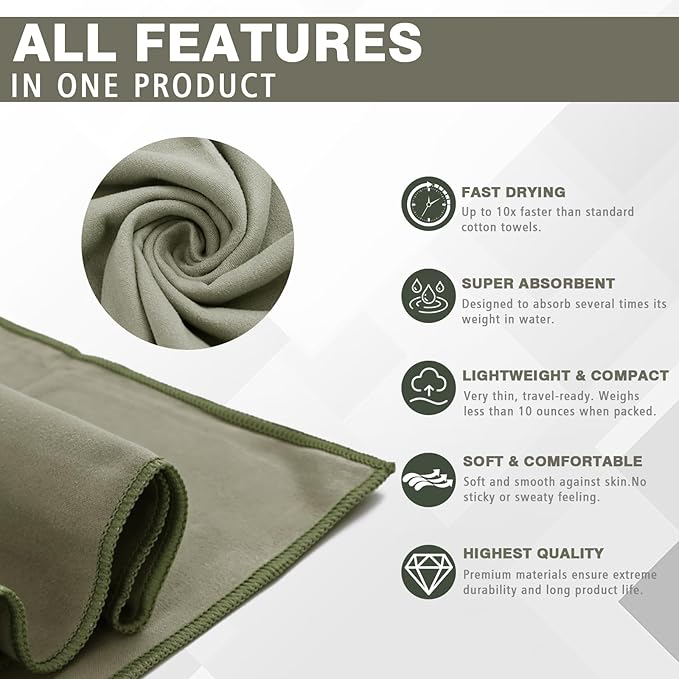 Quick Dry Camping Towel, Microfiber Travel Towel 3 Size at 1 Pack for Camping, Beach, Gym, Sports, Yoga & Swimming Pool, Army Green