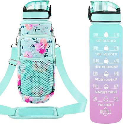 32 oz Water Bottles with Straw & Strap, Motivational Water Bottles with Times to Drink, BPA Free Reusable Sports Water Bottle with Sleeve Carrier for Hiking, Travel, Running or Fitness
