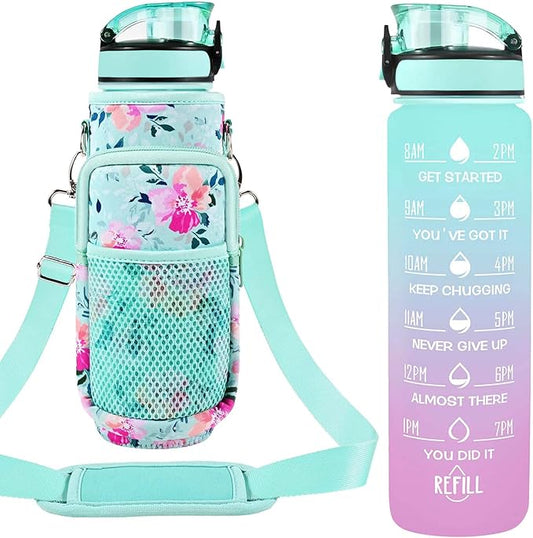 32 oz Water Bottles with Straw & Strap, Motivational Water Bottles with Times to Drink, BPA Free Reusable Sports Water Bottle with Sleeve Carrier for Hiking, Travel, Running or Fitness