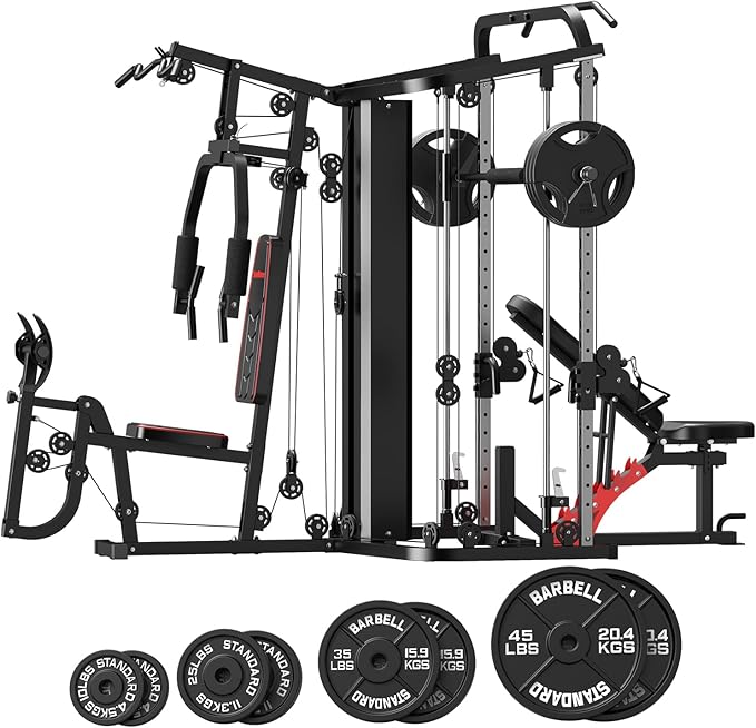 SunHome Multifunction Home Gym Equipment Workout Station, Smith Machine with 138LB Weight Stack, Leg Press, LAT Station for Full Body Training