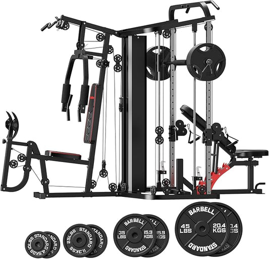SunHome Multifunction Home Gym Equipment Workout Station, Smith Machine with 138LB Weight Stack, Leg Press, LAT Station for Full Body Training