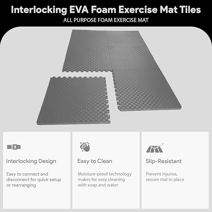 BalanceFrom Puzzle Exercise Mat 1/2" Thick, EVA Interlocking Foam Floor Tiles for Home Gym, Mat for Home Workout Equipment, Floor Padding for Kids, Multiple Sizes and Colors