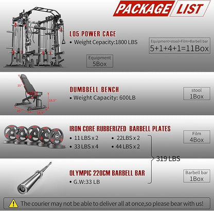 Smith Machine with Cable Crossover System, Multi-Function Squat Rack Power Cage for Home Gym, Power Rack and Packages Weight Sets