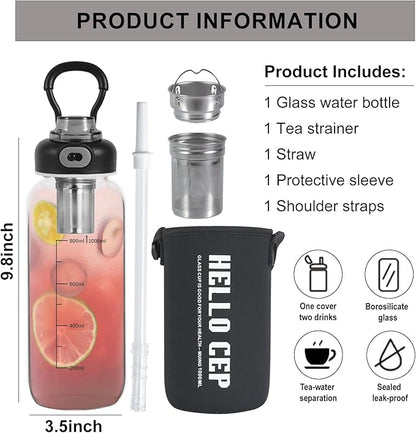 34oz Glass Water Bottle with Straw, Infuser & Protective Sleeve, BPA-Free Large Capacity drinking bottles for Hot or Cold Drinks, Perfect for Gym, Home & Office (34oz 1PCS)