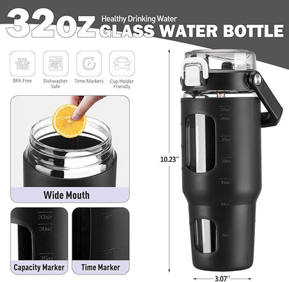 BLUEGO 32oz Glass Water Bottle with Handle and Straw|Leakproof Sports Glass Bottle with Time Marker and Silicone Sleeve|Glass Drinking Bottle for Travel, Gym, Workout, Black
