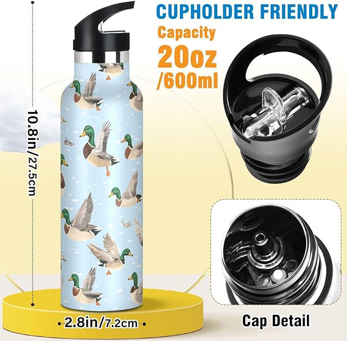 Mallard Ducks 20 Oz Water Bottle with Straw Kids Insulated Stainless Steel Sports Water Cup Metal Flask