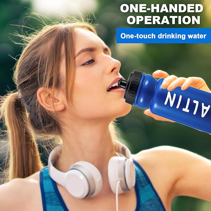 Suclain 14 Pcs Water Bottle Carrier with 20 Oz Bottles and Stickers Plastic Wide Mouth Sports Water Bottle Squeeze Team Bottles with Black Lid for Fitness Bike Gym (Dark Blue)