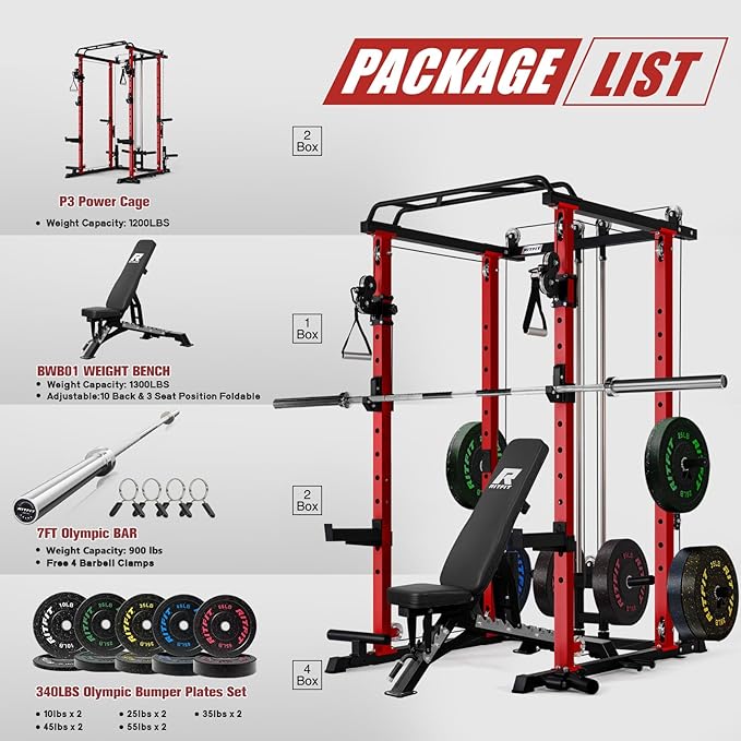 RitFit Multi-Function Garage & Home Gym Package Includes 1200LBS Power Cage PPC03/P3 with Cable Crossover System, Weight Bench, Olympic Barbell Weight Set, Full Body Workout