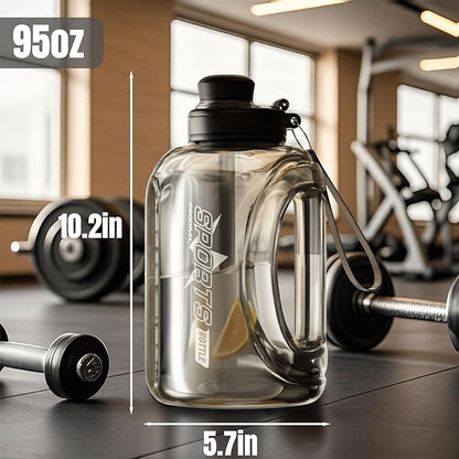 Half Gallon Water Bottle, 95 OZ/2.8 L Water Jug with Straw, Large Water Bottle with Portable Handle, Big Water Jug with Portable Strap for Drinking and Sports Outdoor Gym (Black-2)