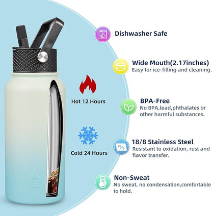 BJPKPK Insulated Water Bottles with Straw Lid, 27oz Stainless Steel Water Bottle with 3 Lids, Leak Proof BPA Free Metal Thermo, Mugs, Tumblers, Keep Cold Hot -Mint