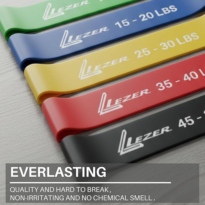 LEZER Resistance Loop Bands for Exercise Workout, Elastic Band, Stretch, Home Gym Fitness, Strength Training, Physical Therapy, Yoga, Women, Men, with Instruction and Carry Bag, Set of 5