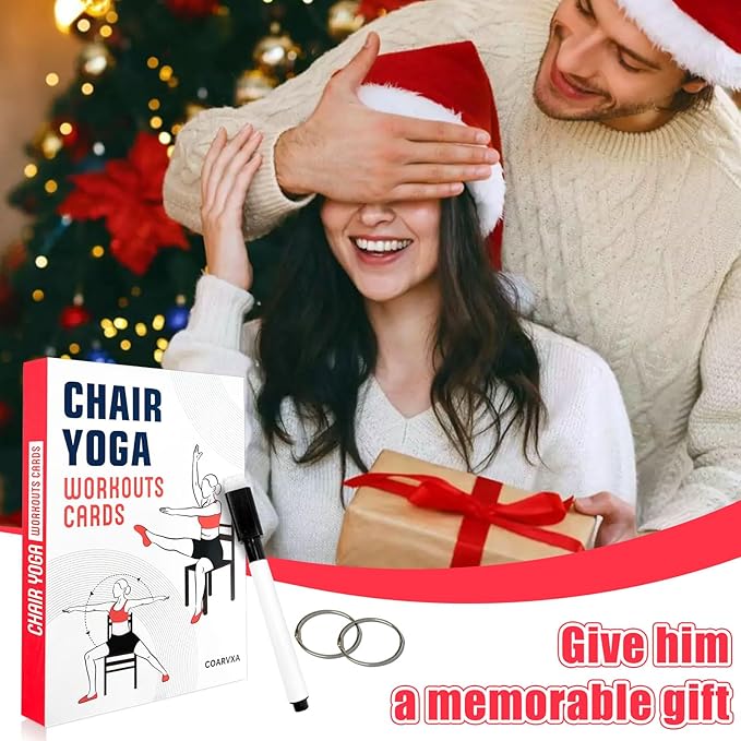 Chair Yoga Workouts for Women-58 Exercise Cards with Chair Yoga，ncludes 4-Week Challenge,2 Rings& Dry-Erase for Easy Organization-Home, Gym or Studio