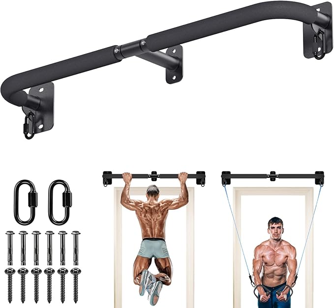 SELEWARE Heavy Duty Wall Mount Pull Up Bar, Joist Mount Chin Up Bar for Doorway, Sturdy Steel Construction, w/Resistance Band Hooks, Fits 32"/36" Wall Studs for Home Gym Strength Training