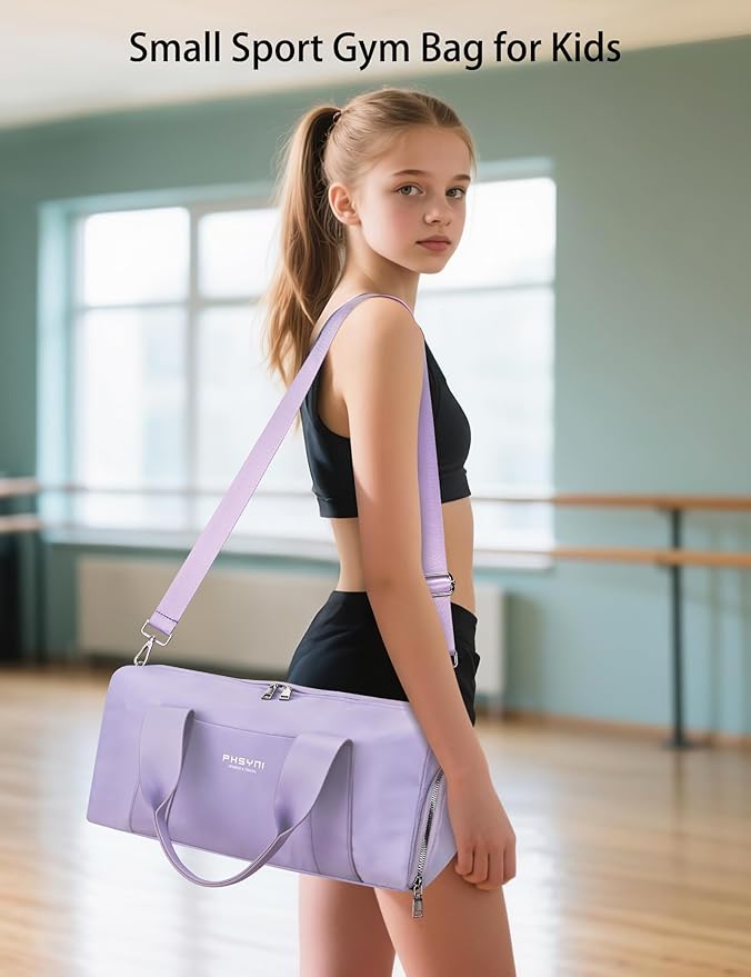 Sports Small Gym Bag for Women Girls Kids Duffle Bag for Fitness Workout, Travel, Dance, Ballet, Swim with Shoes Compartment & Waterproof Pocket, 16" Cute Purple