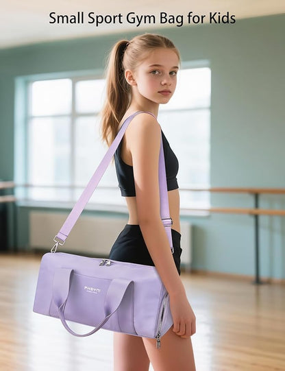 Sports Small Gym Bag for Women Girls Kids Duffle Bag for Fitness Workout, Travel, Dance, Ballet, Swim with Shoes Compartment & Waterproof Pocket, 16" Cute Purple