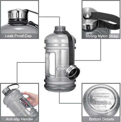 Half Gallon Big Water Bottle, 2.2L/73 OZ Large Leak Proof Sports Jug with Handle,Huge BPA Free PETG Plastic Wide Mouth Drinking Container Flask for Fitness Gym Biking Outdoor