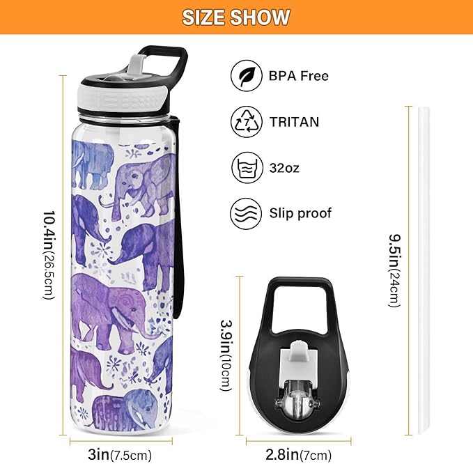 YETTASBIN Elephant Clear Water Bottle with Straw Lid, BPA-Free Leakproof Sport Water Bottle 32oz Large Gym Water Jug for Men Women Travel Fitness Outdoor