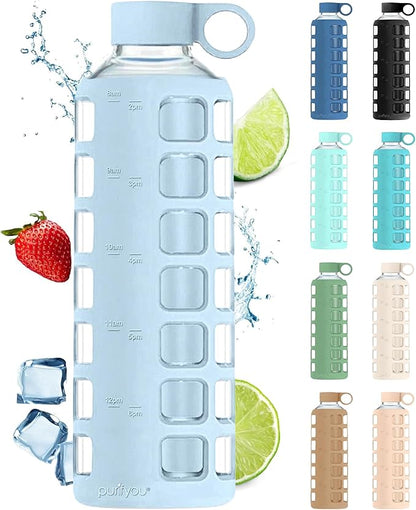 purifyou 40oz / 32oz / 22oz / 12oz Borosilicate Glass Water Bottle with Time & Volume Markers, Silicone Sleeve, Stainless Steel Lid | Reusable Glass Bottle for Water & Juice (40oz Ice Blue)