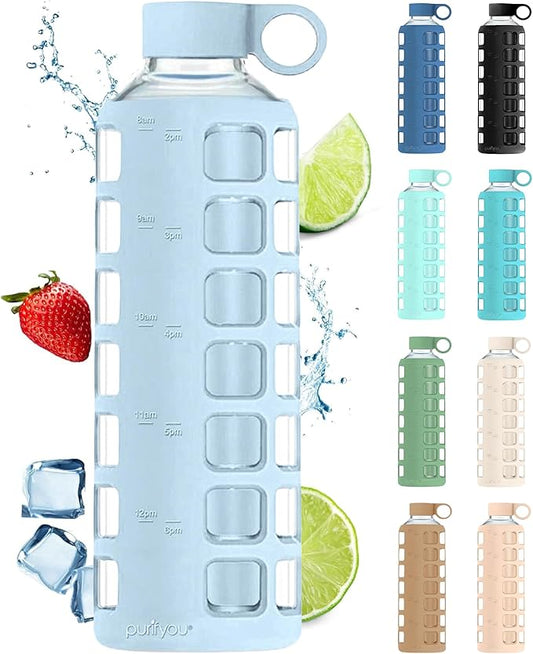 purifyou 40oz / 32oz / 22oz / 12oz Borosilicate Glass Water Bottle with Time & Volume Markers, Silicone Sleeve, Stainless Steel Lid | Reusable Glass Bottle for Water & Juice (40oz Ice Blue)